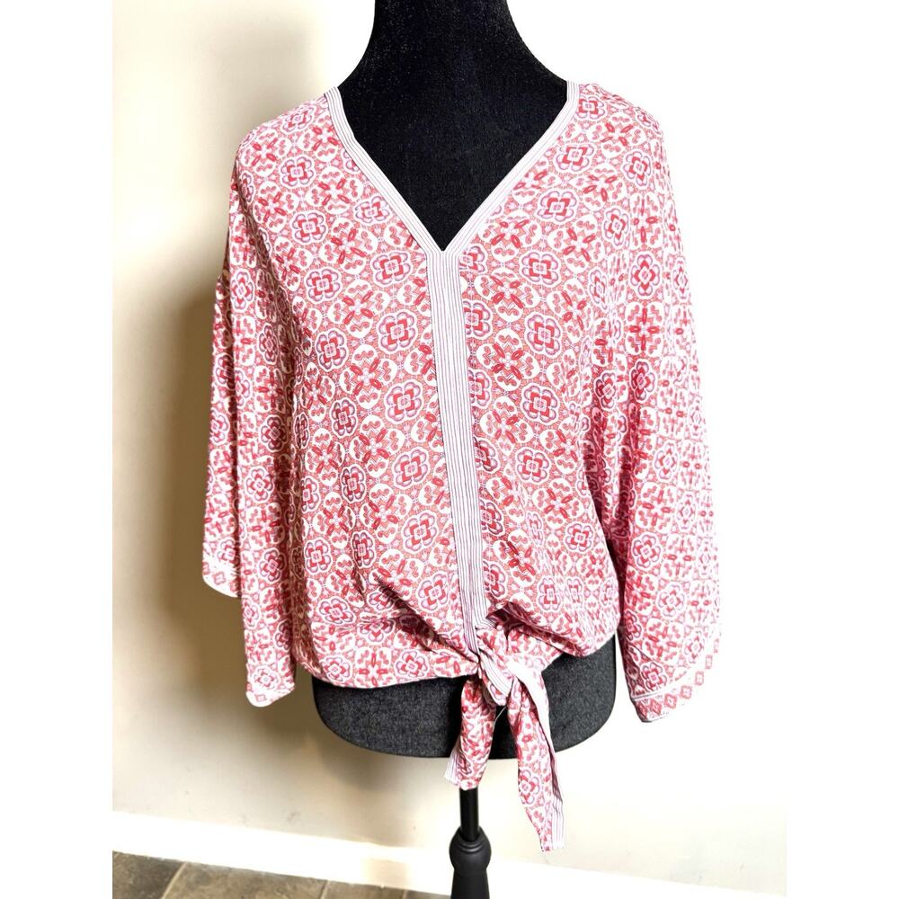 MAX STUDIO Top Womens Large Multicolor All Over Print Short Sleeve V Neck Boho